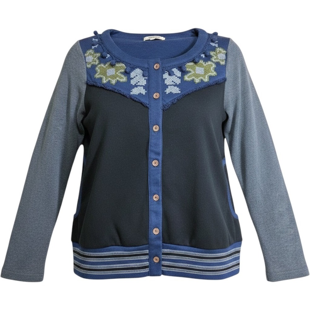 $65 XS ARTKA Gray Blue embroidered cardigan sweatshirt sweater top see mez‎